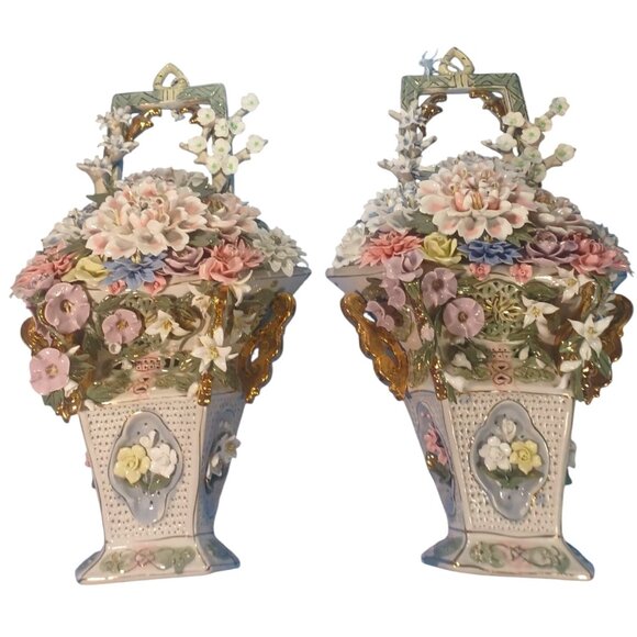 2 Antique 20 X 11  Capodimonte Porcelain Flowers Floral  Reticulated Wall Basket - Picture 1 of 9